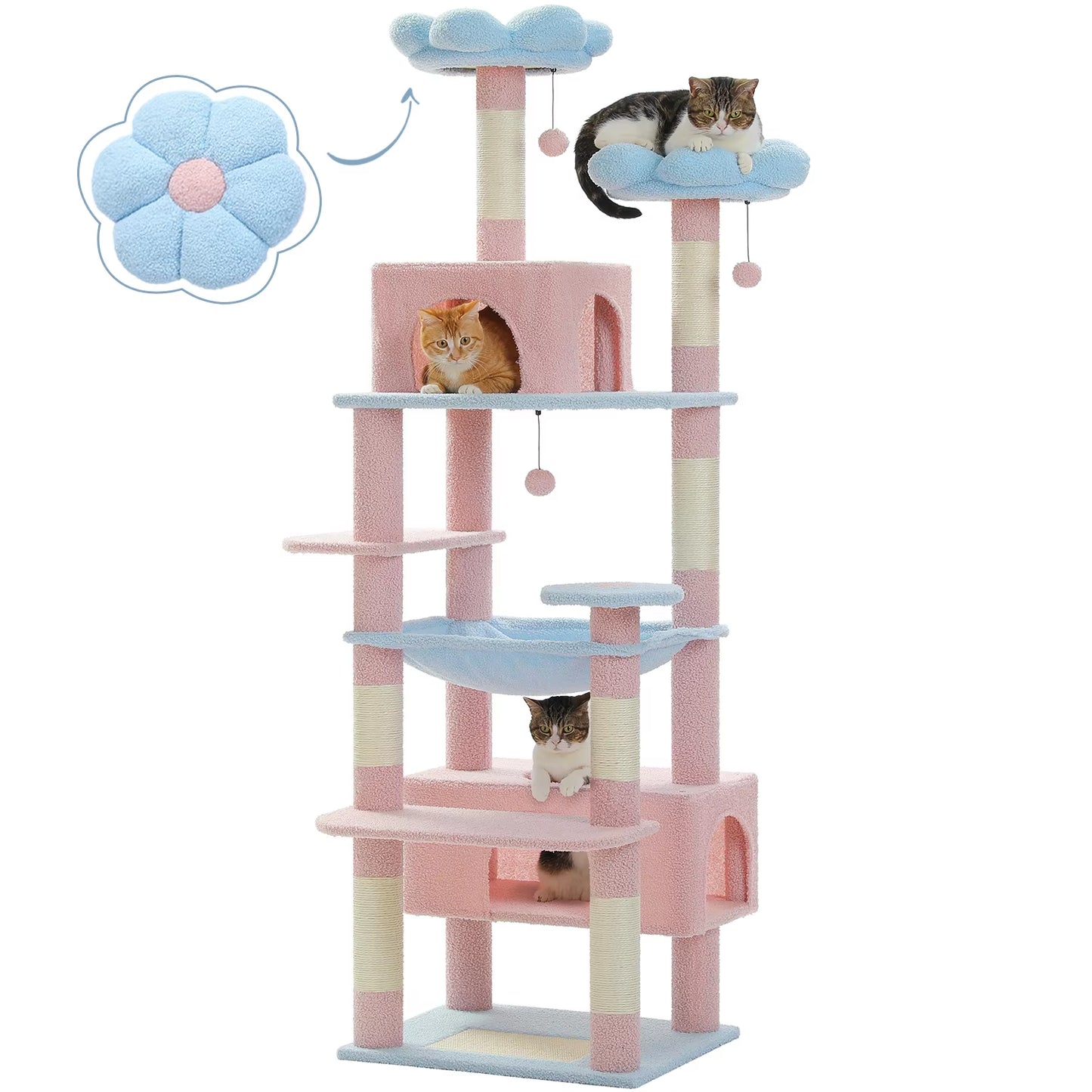 Árbol para gatos de varios niveles, torre de lujo para gatos de 72,4 pulgadas con hamaca tipo condominio, rascadores para gatos con poste rascador