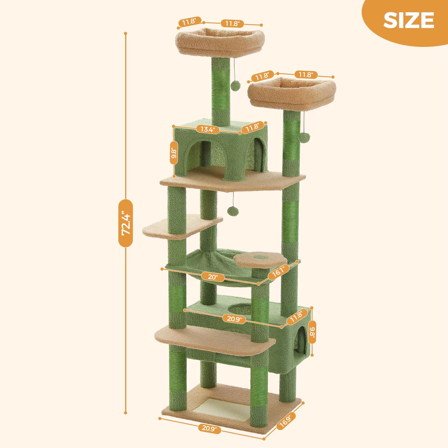 Árbol para gatos de varios niveles, torre de lujo para gatos de 72,4 pulgadas con hamaca tipo condominio, rascadores para gatos con poste rascador