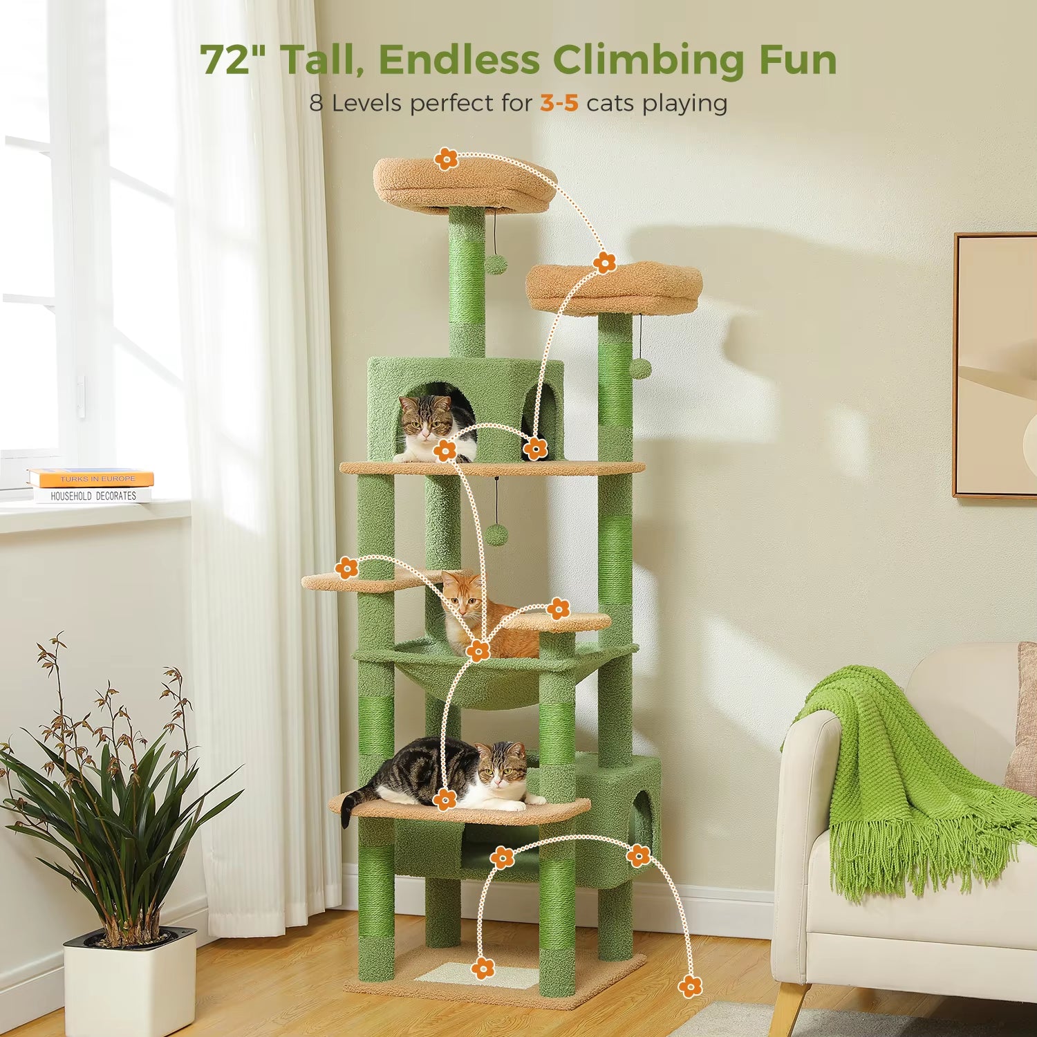 Árbol para gatos de varios niveles, torre de lujo para gatos de 72,4 pulgadas con hamaca tipo condominio, rascadores para gatos con poste rascador